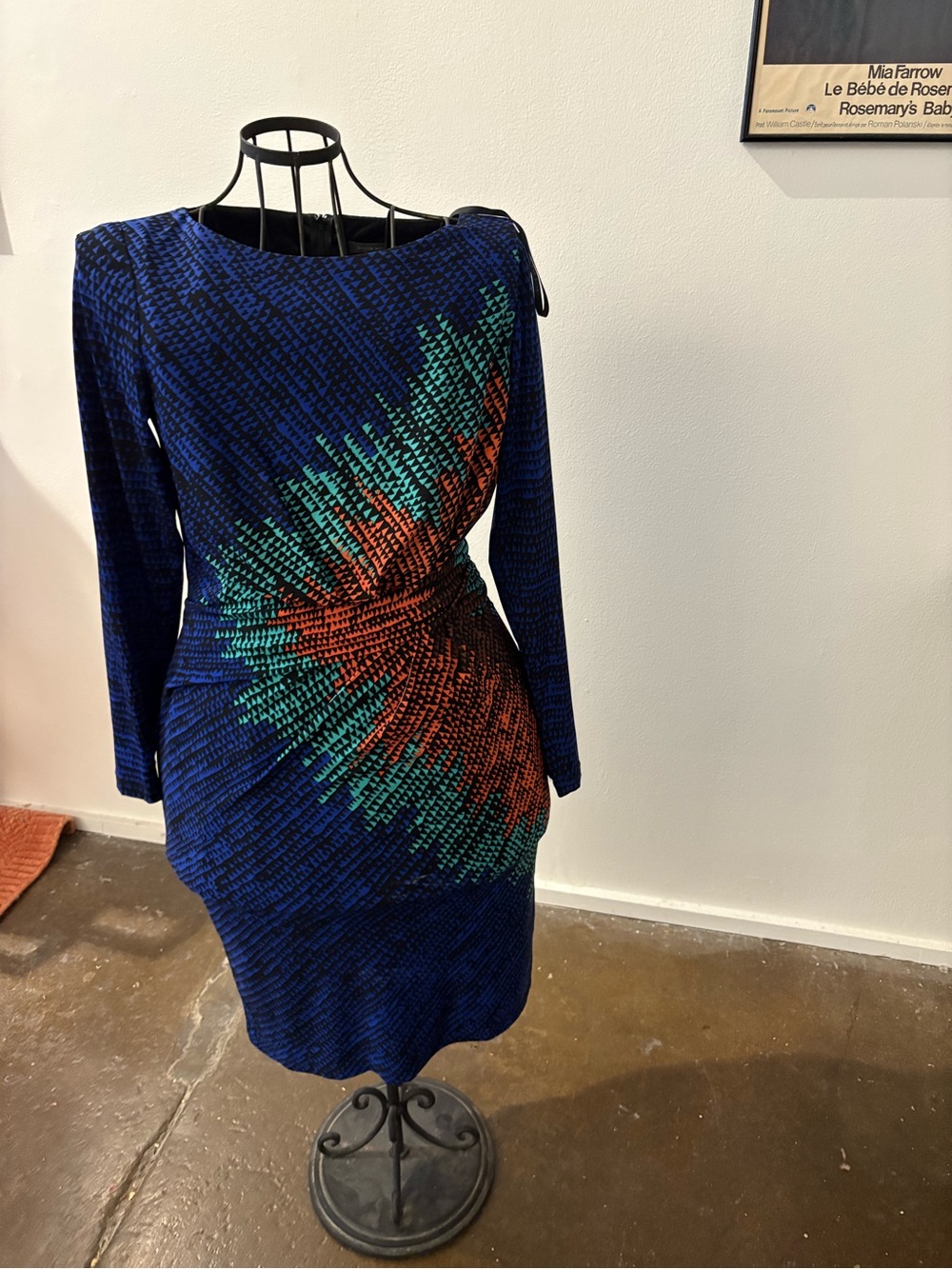 David Meister Navy Long-Sleeve Sheath Dress with Teal and Rust Burst